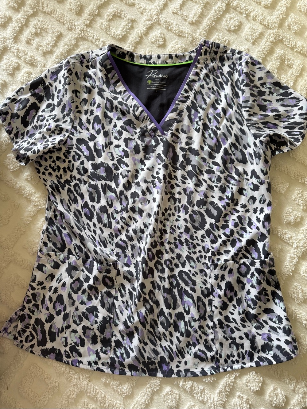 Barco Uniforms Leopard Print V-Neck Scrub Top in White, Black & Purple